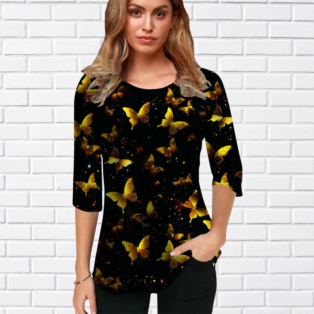 Womens Blouse 3D Colorful Butterfly Printing Flower Half Sleeve Tops Summer Casual Tops Printed Round Neck Half Sleeve T Shirt