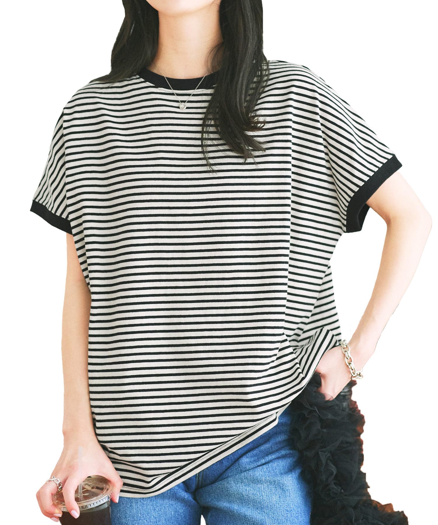 

loose summer mock neck crew [Kobe Lettuce] Women s T-shirt, short-sleeved top, fit, flattering, T-shirt [C4819] M, neck, ecru/black