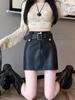 Vintage Pu Leather Skirt for Women Spring Autumn High Waist A- Line Package Hip Shorts Skirt Y2k Korean Fashion Clothing