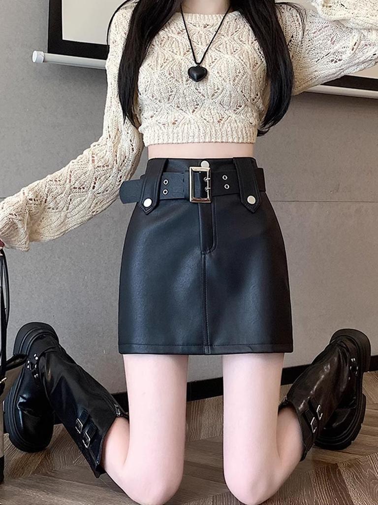 Vintage Pu Leather Skirt for Women Spring Autumn High Waist A- Line Package Hip Shorts Skirt Y2k Korean Fashion Clothing