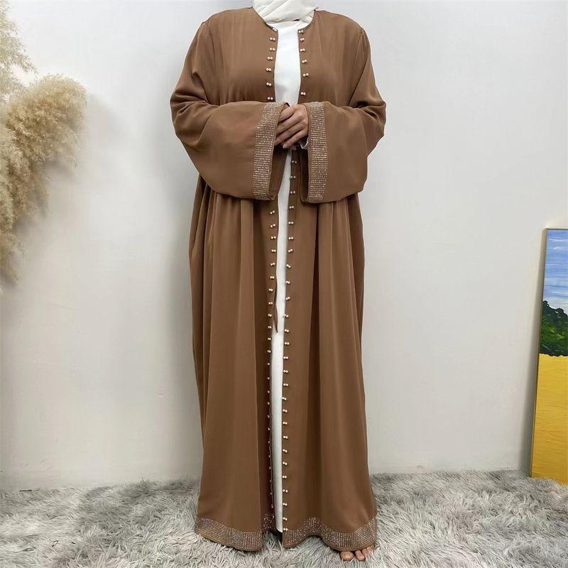 New Arrival Middle East Pure Color Hot Drilling Beading Shoelace Cardigan Robe Dress Lace up Cardigan Dress