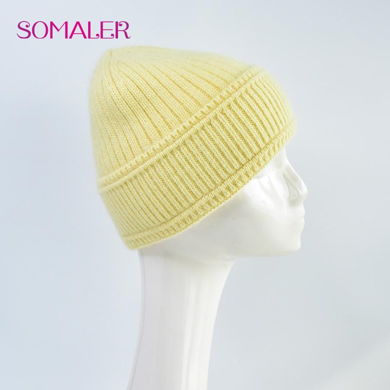 SOMALER Women's Autumn Winter Angora Knit Beanie Hat with Folded Cuff & Metal Badge Fashion Warm Cap 54-58cm