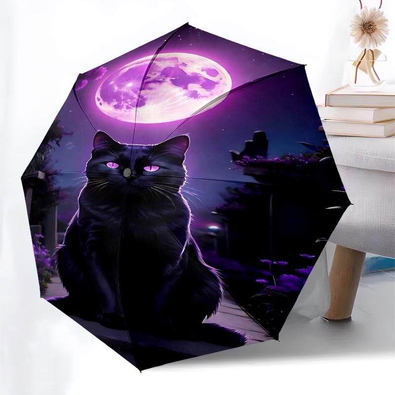 1pc Black Cat MoonOpen/Close Umbrella-Windproof, Compact Travel Umbrella, Sturdy 8-Rib Shaft, Outdoor Accessory, 1019