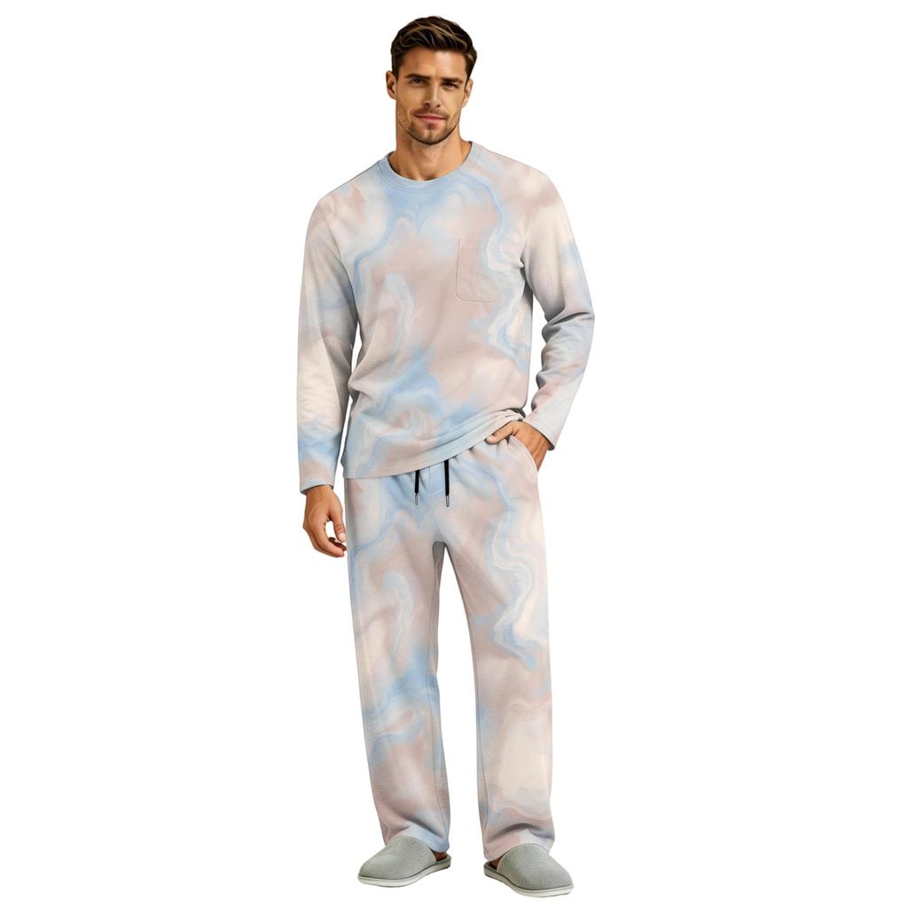 Men's Pajama Set Long Sleeve Top and Pants with Button Fly and Elastic Drawstring Waist