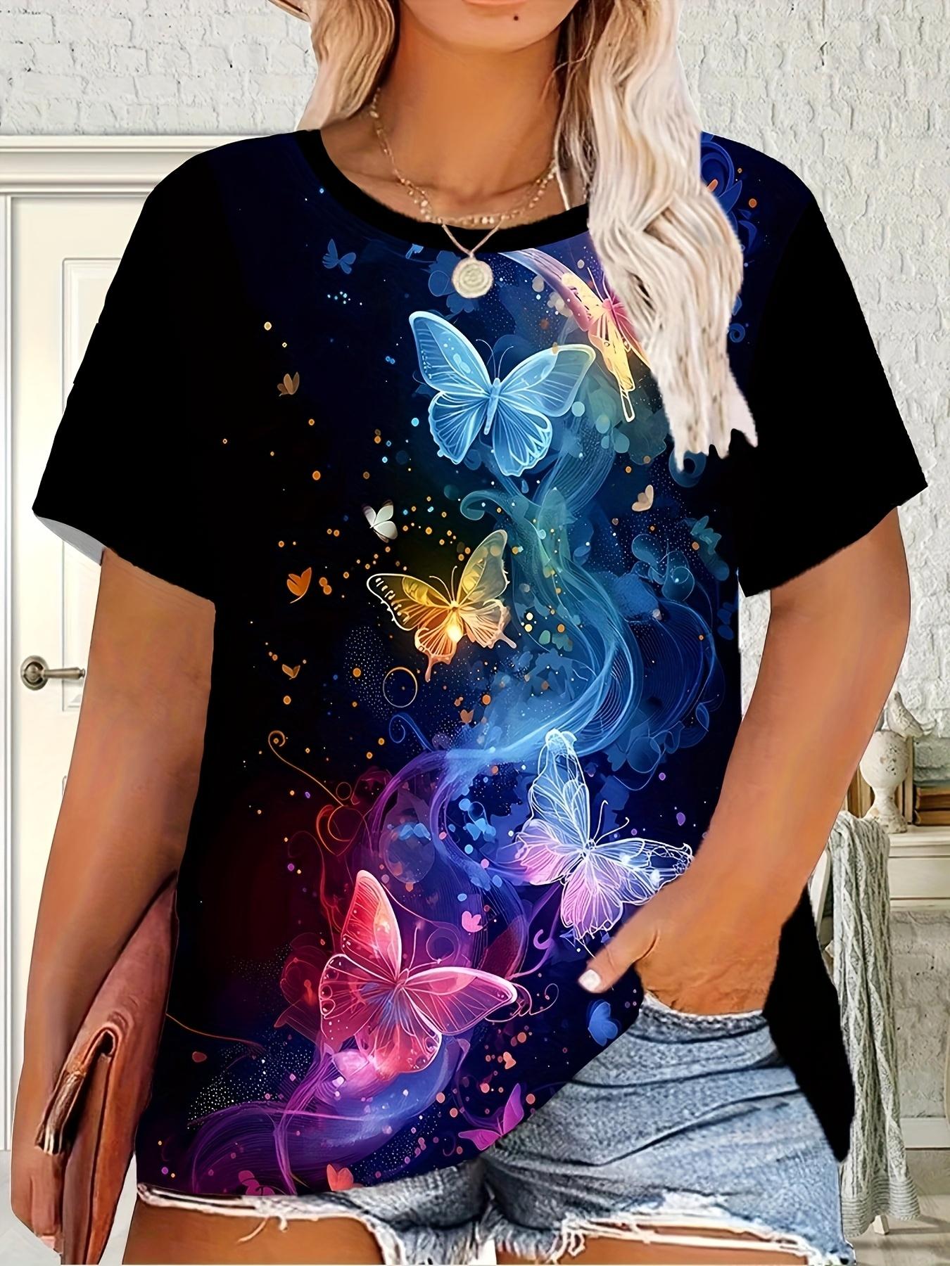 

Plus Size - Plus Size - Casual Elegant Style with Butterfly Elements. 3D Printed Pattern Women S Round Neck Plus Size Short Sleeve T-Shirt Clothing S