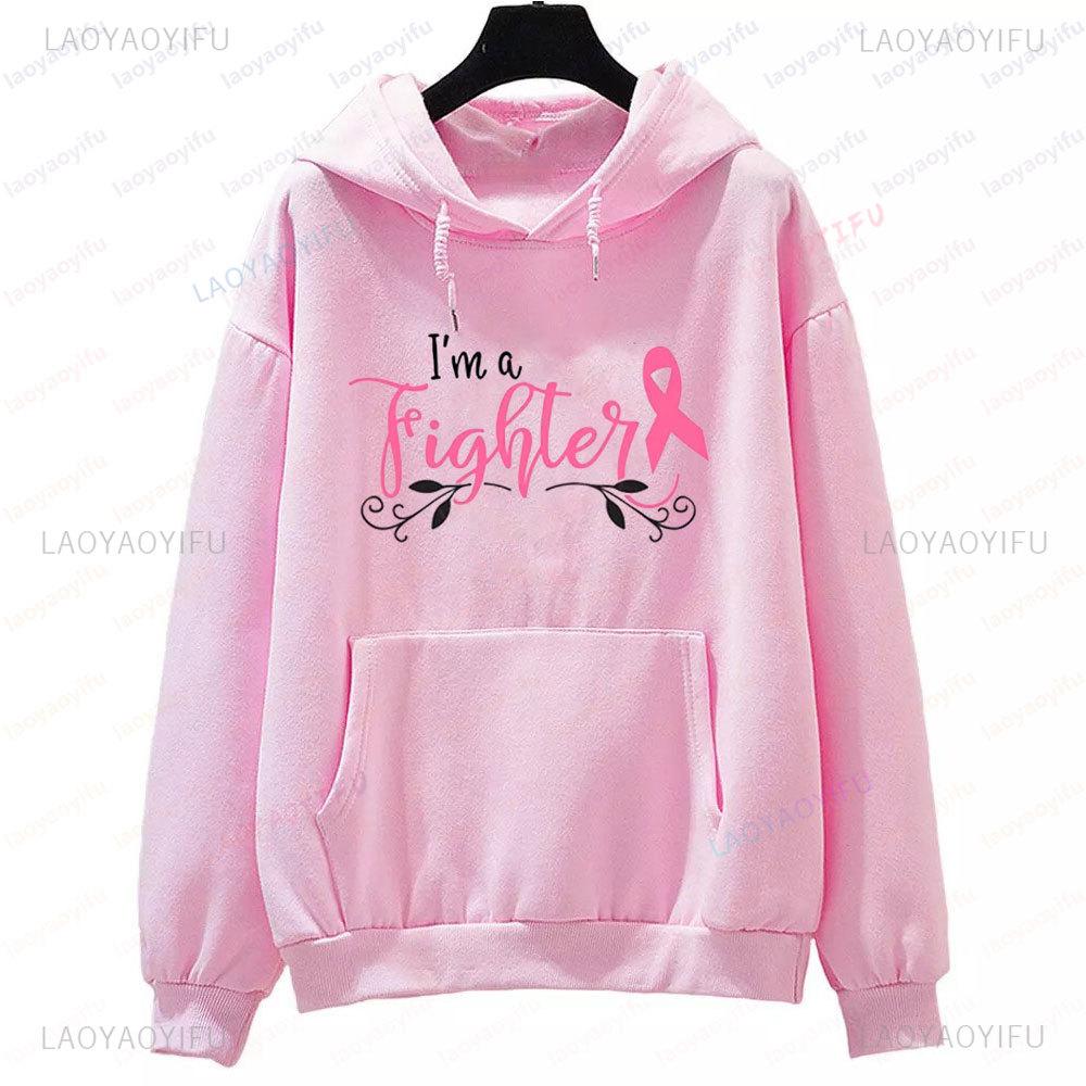 Breast Cancer Fighter Hoodie Im A Cancer Fighter Sweatshirt Pink Ribbon Hoodies Inspiring Streetwear Women Modern Clothing