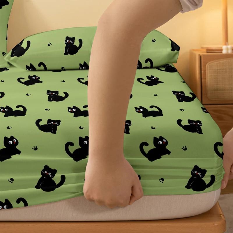 1 Cartoon Cute Animal Cat Printed Matte Fitted Sheet, Bedroom Printed Bed Cover, Bedding (excluding Pillowcases)