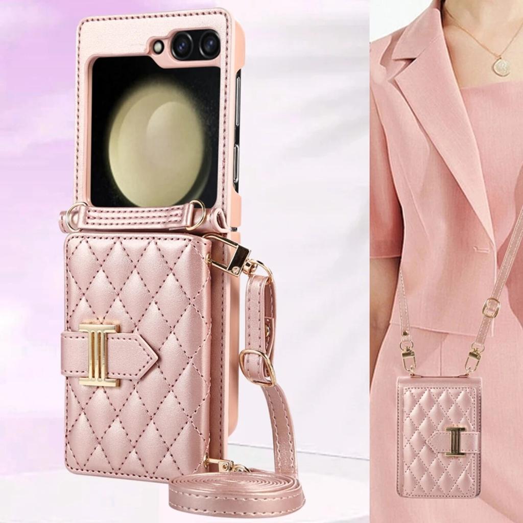 Mode Cross Body Karten Slot Brieftasche Ledertasche für Samsung Galaxy Z Flip 5 4 3 Flip5 Flip4 5G Lanyard Diamant Prägung Strap Schutzhülle