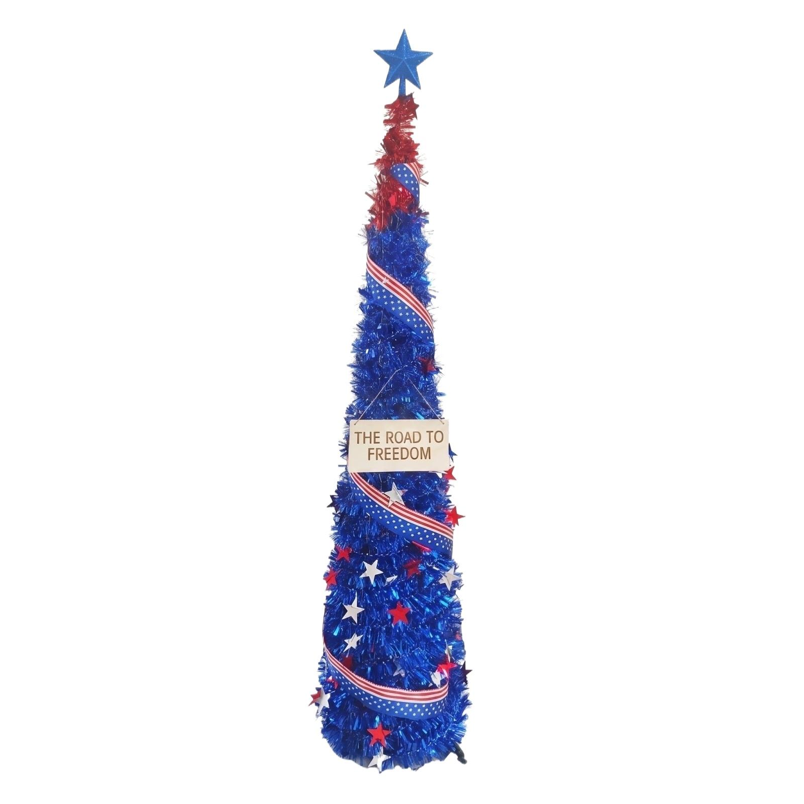 

US Independence Day Foldable Tree — Red, And Blue Striped, Star-Adorned, Decorative Ornament One Size