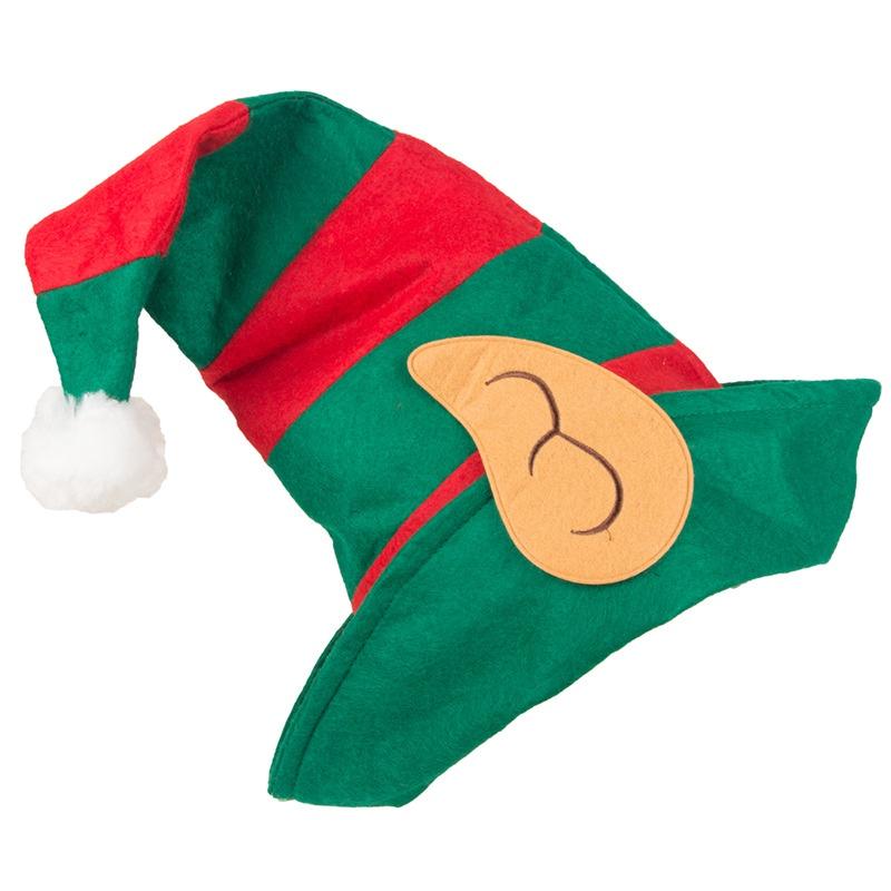 46x36cm Soft Non-Woven Christmas Elf Hat For Most People Red Green Striped Hat With White Pom Elf Ears Navidad Xmas Ornament
