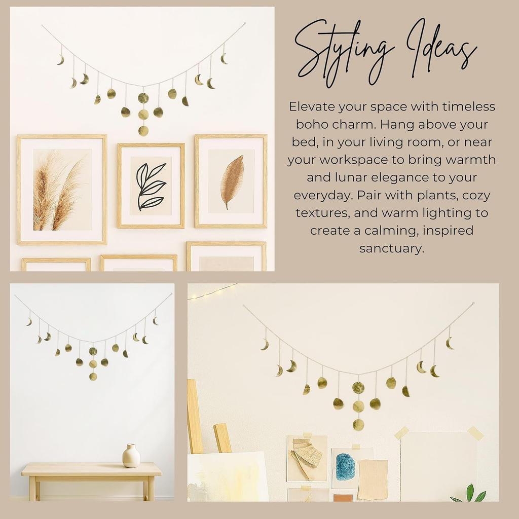 Moon & Crafts Boho Moon Phase Wall Hanging 50” Gold Brass Garland, 15 Handmade Hammered Moons, Celestial Wall Decor for Bedroom, Living Room &