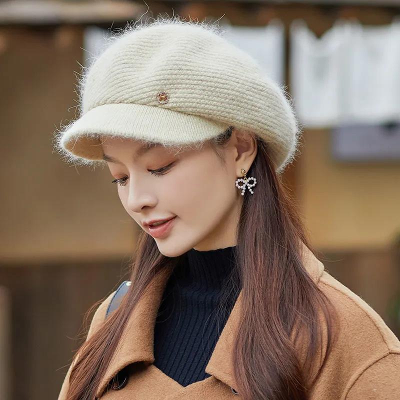 Andetunge Beret Kvinne Vinter Vill Malerlue Kaninpels Blandet Strikket Varm åttekantet ulllue