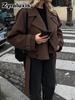 Women's Oversized Collar Woolen Short Belted Coat - Overcoat