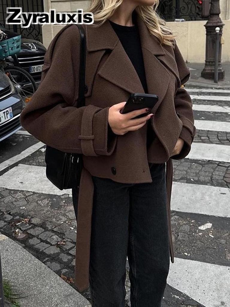 Women's Oversized Collar Woolen Short Belted Coat - Overcoat