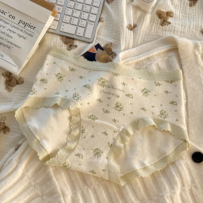 

Плюс размер женское цветочное кружево сбоку романтическое милое мягкое высокое весеннее хлопковое нижнее белье с промежностью 2XL зелёный