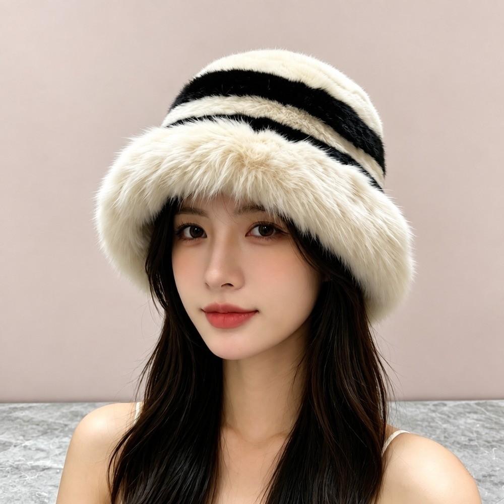 Thickened Faux Fur Hat Striped Winter Trapper Cap Ear Protection Bucket Beanie  Versatile