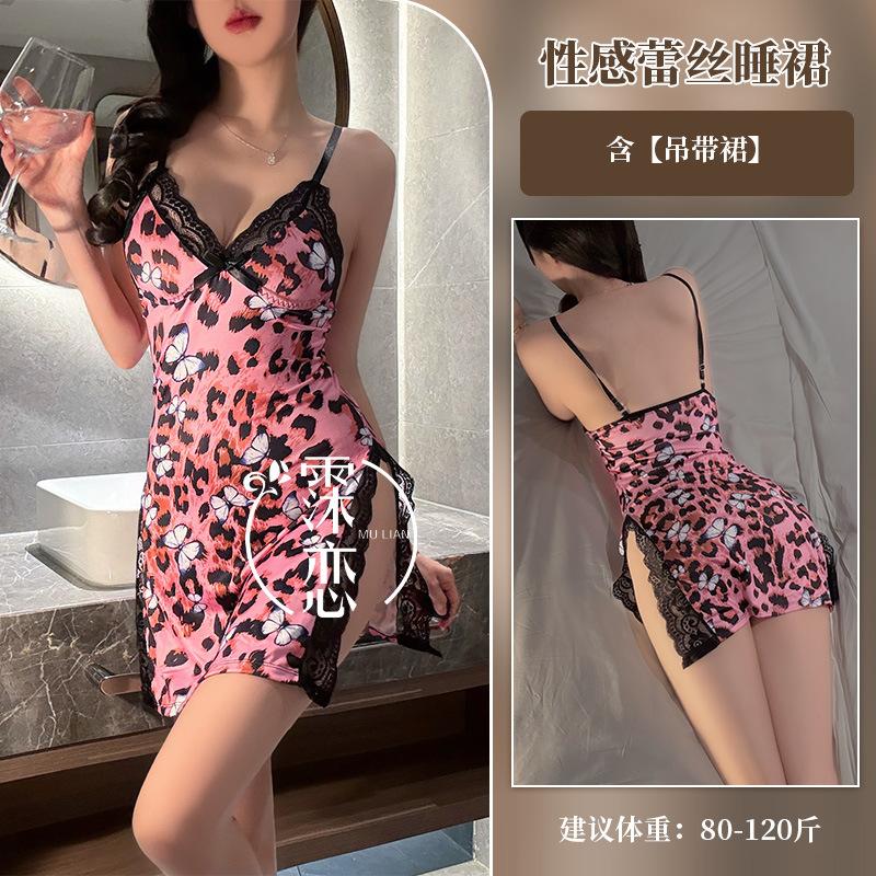 European and American sex underwear large size, leopard print print dress lace splicing pure desire suspender skirt deep V