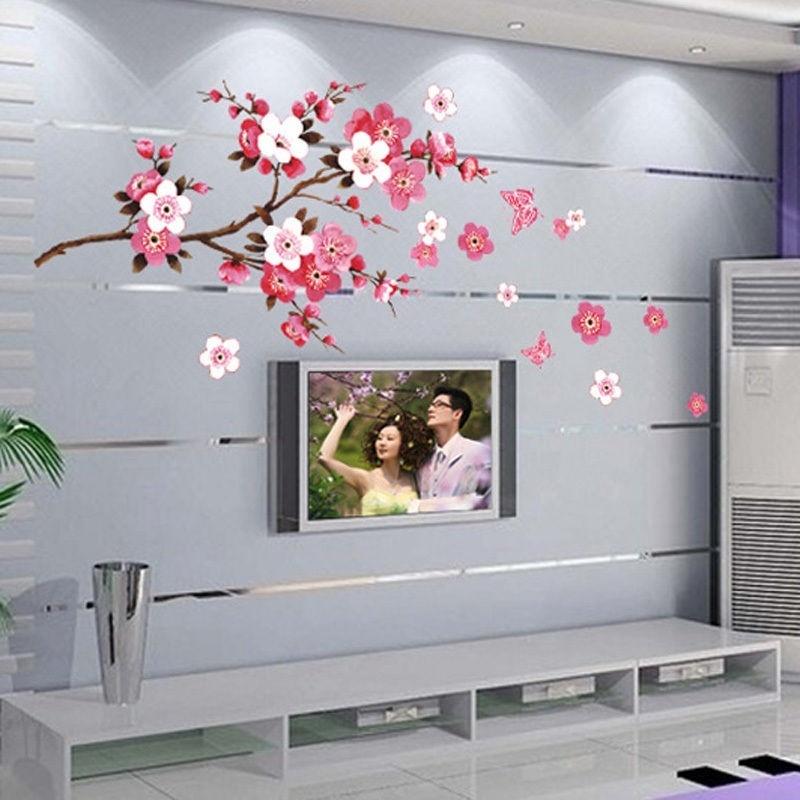 Wall Paper 3D Pink Cherry Blossom Wall Sticker Art Home Decor Graphic Flowers Petals Tree Stickers