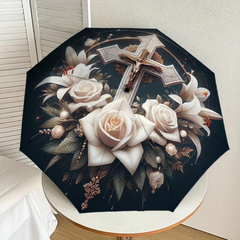 

1pc Elegant Cross with Lilies and Roses Umbrella with Plastic Handle,Suitable for All Seasons Home Travel Outdoor UmbrellaDD281