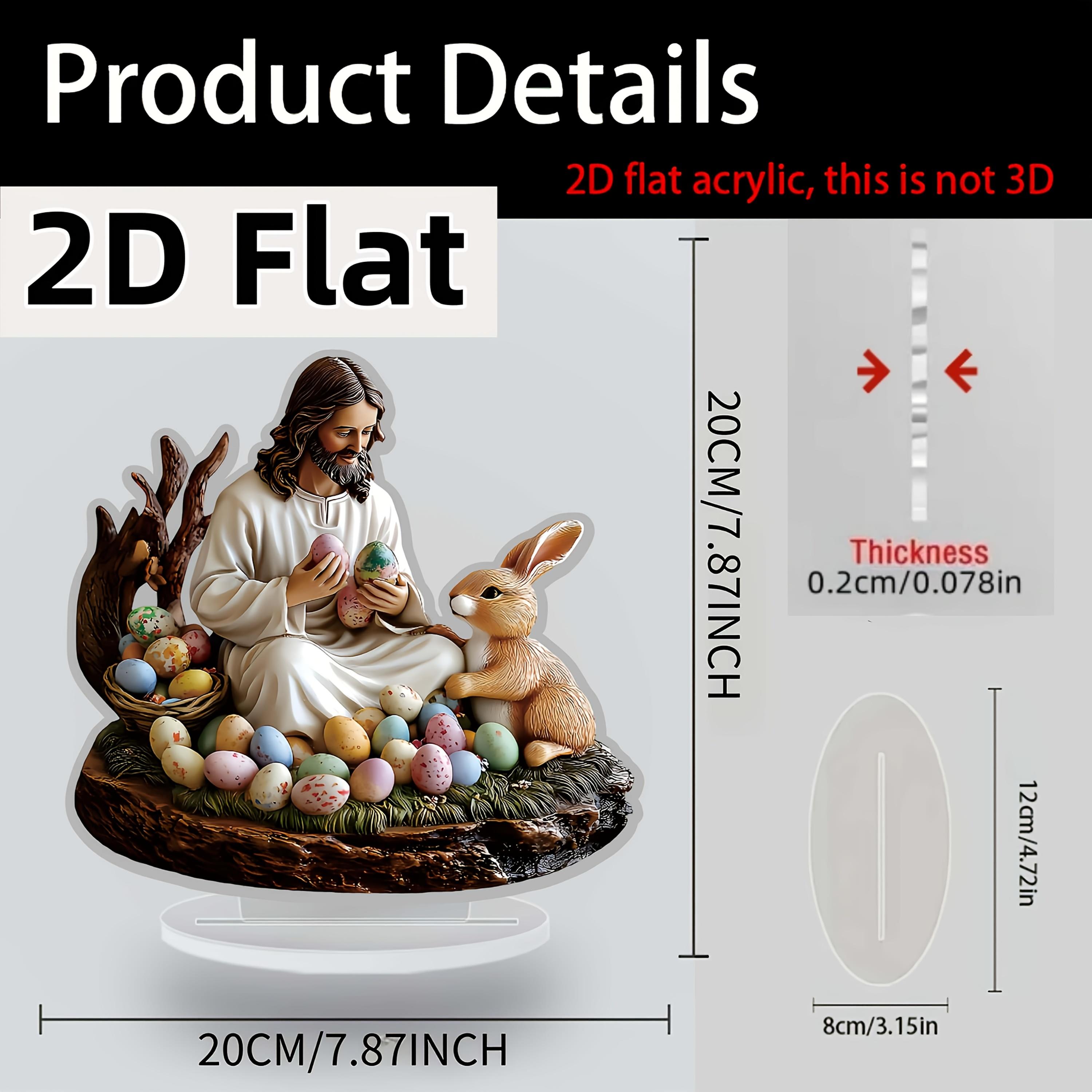

Easter Bunny Ornament 2D Flat Acrylic Table Decoration Jesus and Rabbit Colored Eggs Ornament with Base for Home Easter Party