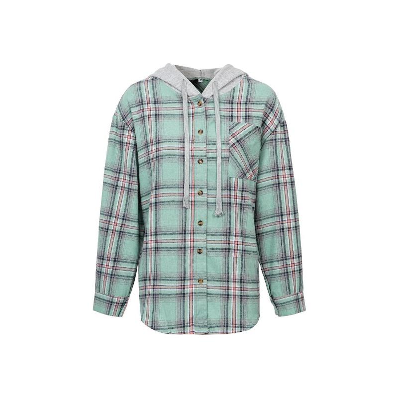 Primavera e outono camisa feminina moda casual com capuz cor bloqueando camisa xadrez