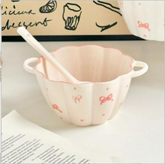 Affascinante Set di Ciotola e Piatto in Ceramica con Fiocco - Stoviglie Carine per Yogurt e Noodles Istantanei