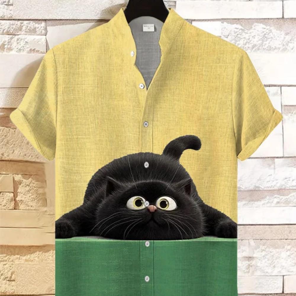 Men s Hawaiian Casual Vacation Shirt Short Sleeve Stand Up Collar Cute Cat Printed Linen Cardigan Fashionable Men s Clothing S