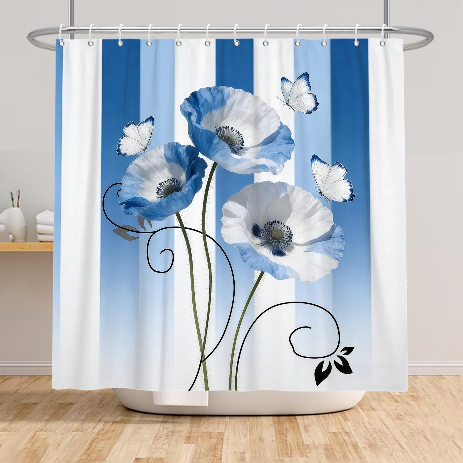 

Modern Fashion Shower Curtain Blue Flowers Butterfly Shower Curtains Bathroom Decor Waterproof With 12 Hooks Polyester Curtains W90cm x H180cm