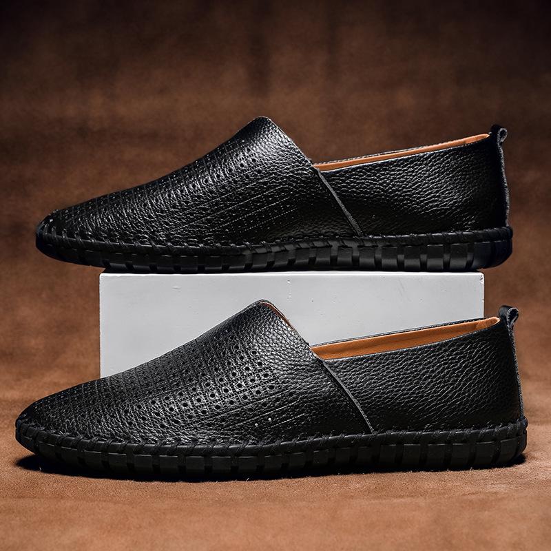Men's Trendy European & American Slip-On Leather Casual Driving Shoes - Breathable Low-Top, Large Sizes Available