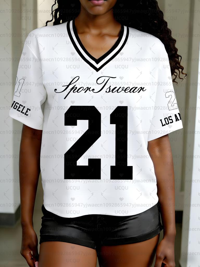 Women's NO.02 Print V-Neck Short Sleeve Casual T-Shirt Summer Graphic Tee Jerseys Plus Size Sport T-Shirt