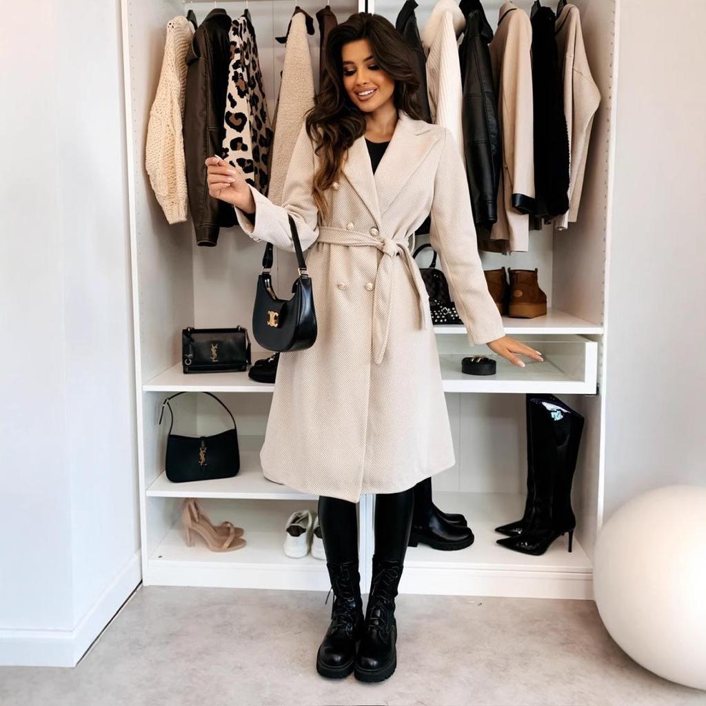 Women's 2024 Winter Fashion Double-Breasted Tie Wool Coat