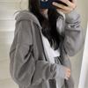 Womens Solid Color Zip-Up Hooded Sweatshirt Loose Fit Thick Fleece Lined Winter Casual Outerwear