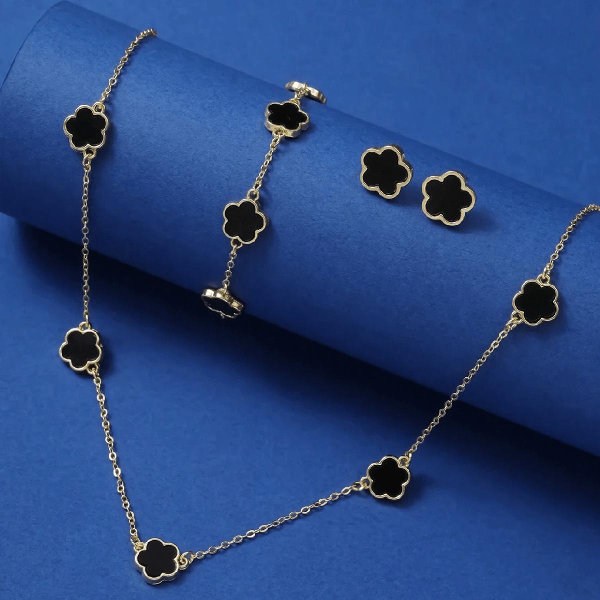 

3 шт./комплект модных счастливых пятилепестковых цветочных сережек, браслета и ожерелья чёрный