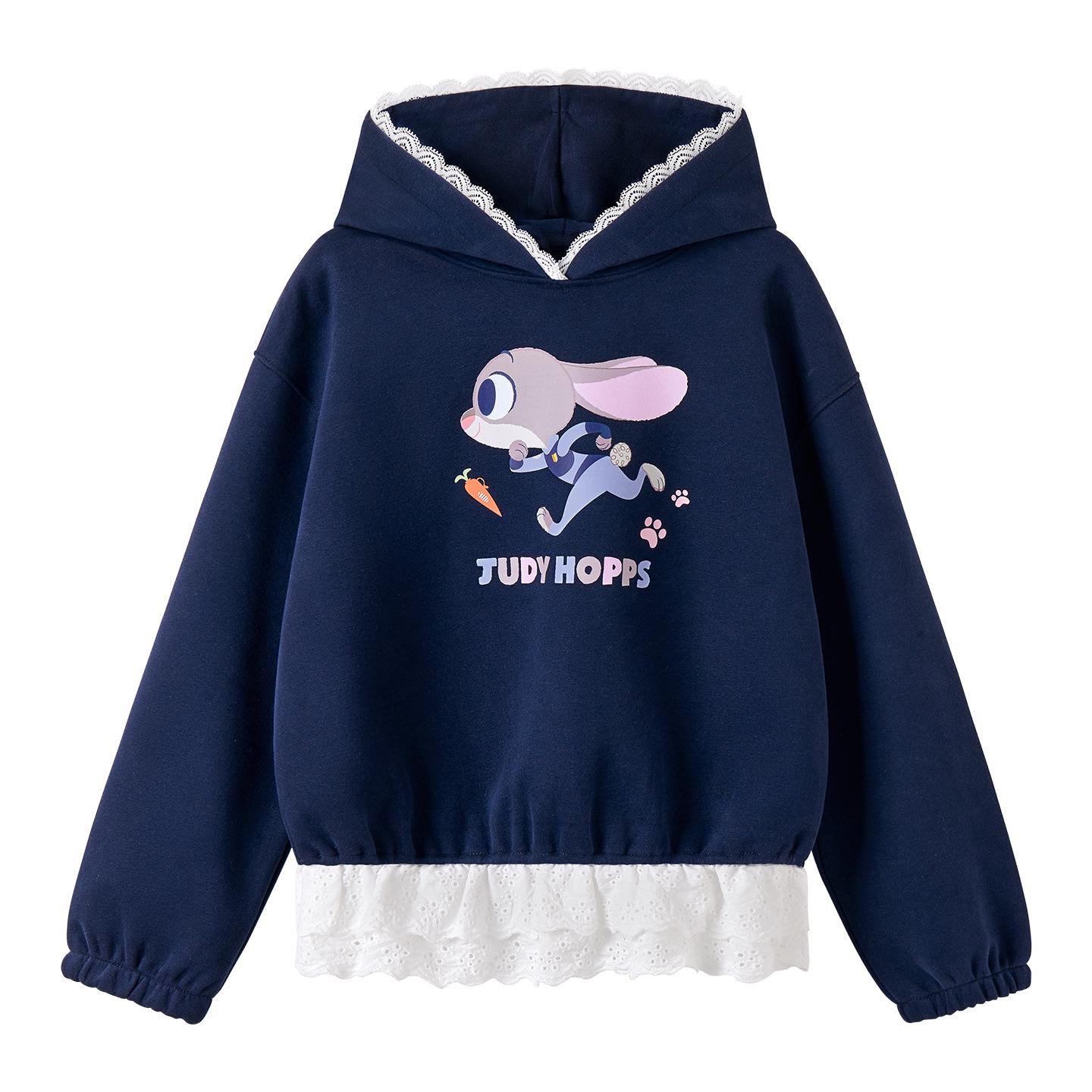 

2025 Autumn Girls Korean Lace Trim Hooded Rabbit Sweatshirt 140 cm темно-синий