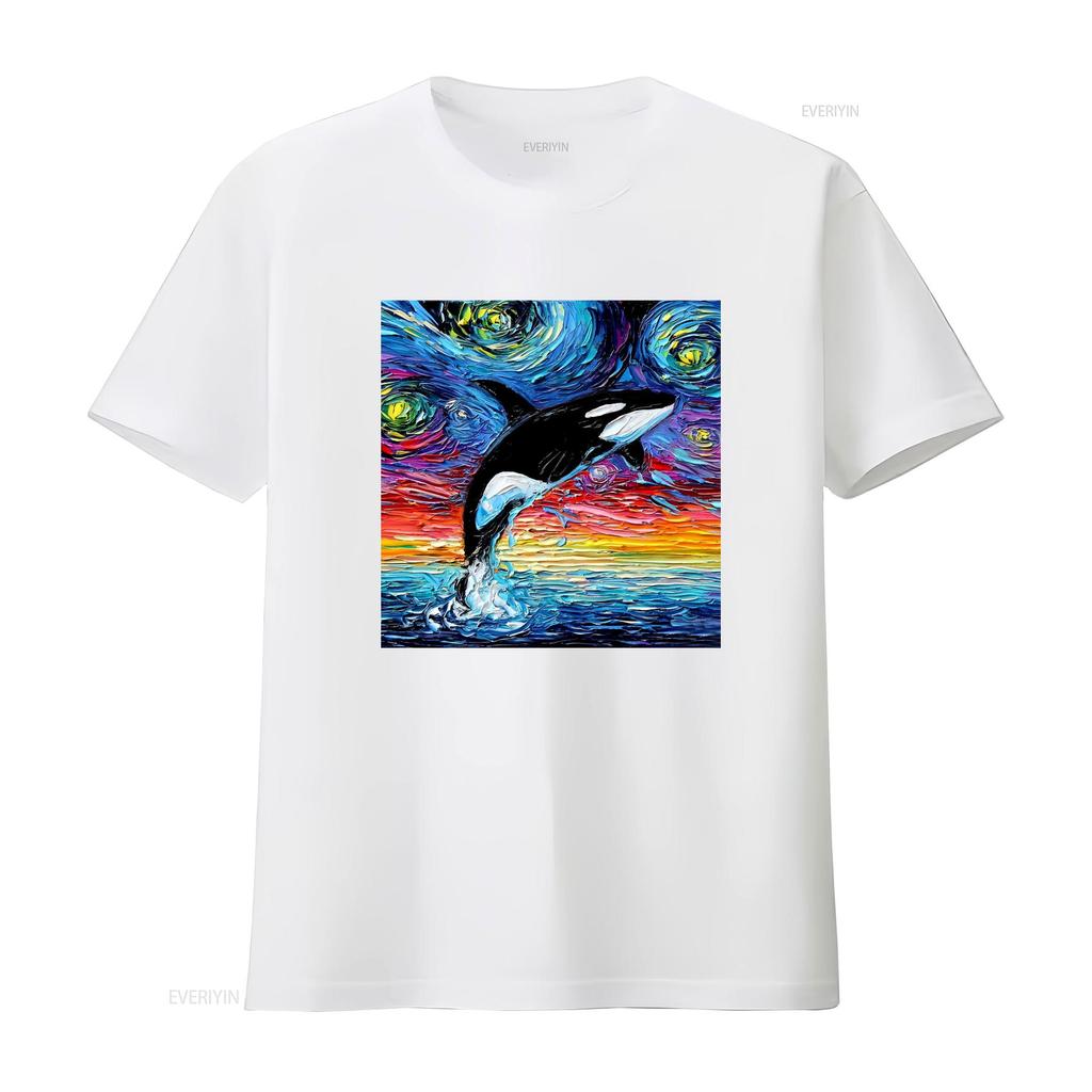 Vibrant Orca Killer Whale Starry Night Ocean Art T Shirt Vintage Washed Streetwear Stretched Casual Versatile