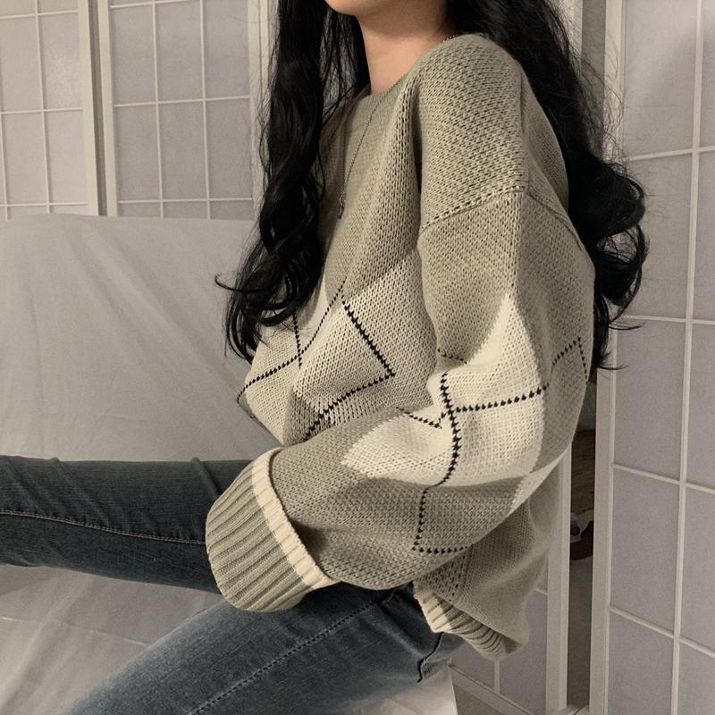 

Женские свитера с узором аргайл, осенне-зимние пуловеры, свободные вязаные корейские топы с длинными рукавами и круглым вырезом, повседневный винтажный джемпер One size светло-зеленый