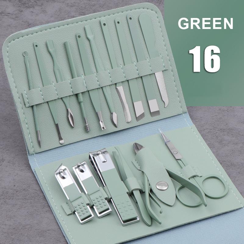 

16 шт., набор инструментов для ухода за ногтями из нержавеющей стали, кусачки для стрижки ногтей, набор для маникюра и педикюра, набор для формирования бровей зелёный