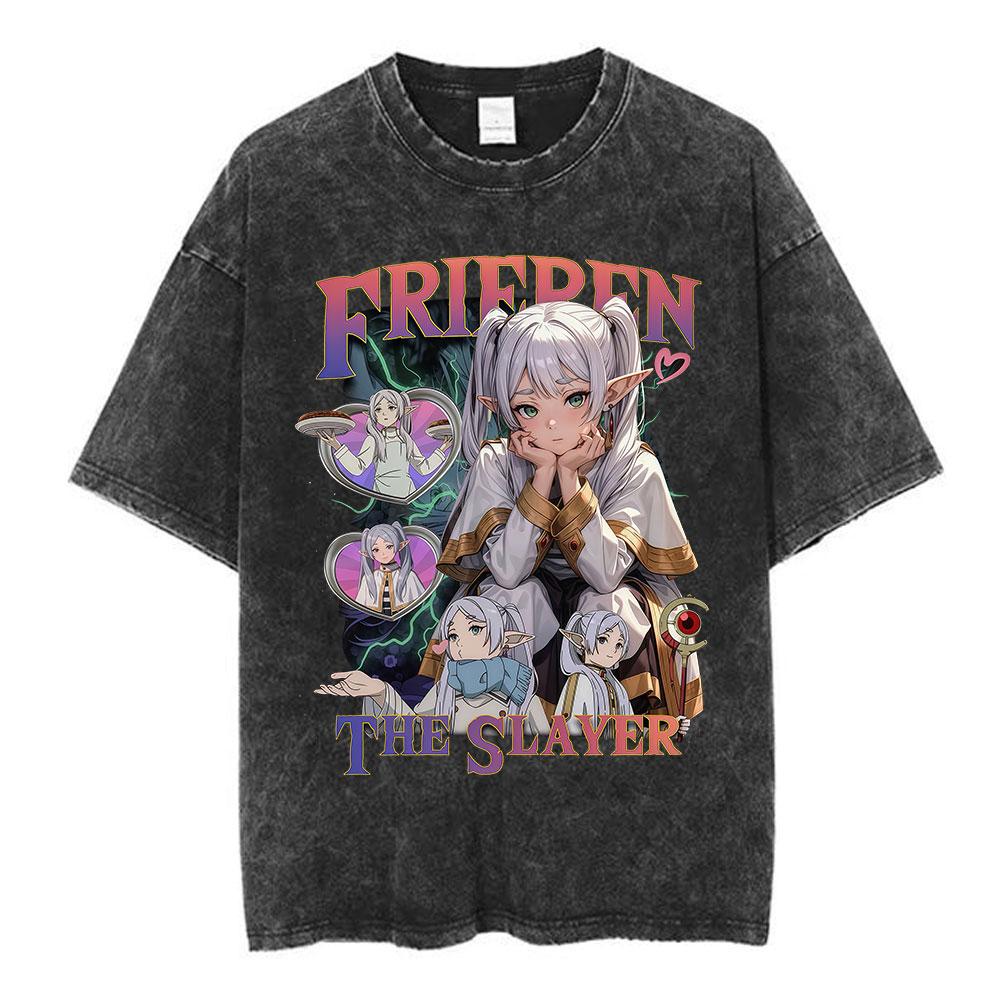 Washed Vintage Anime Frieren Beyond Journeys End Himmel Tshirt Men Women Fashion Harajuku Short Sleeve Cotton Casual Tshirts