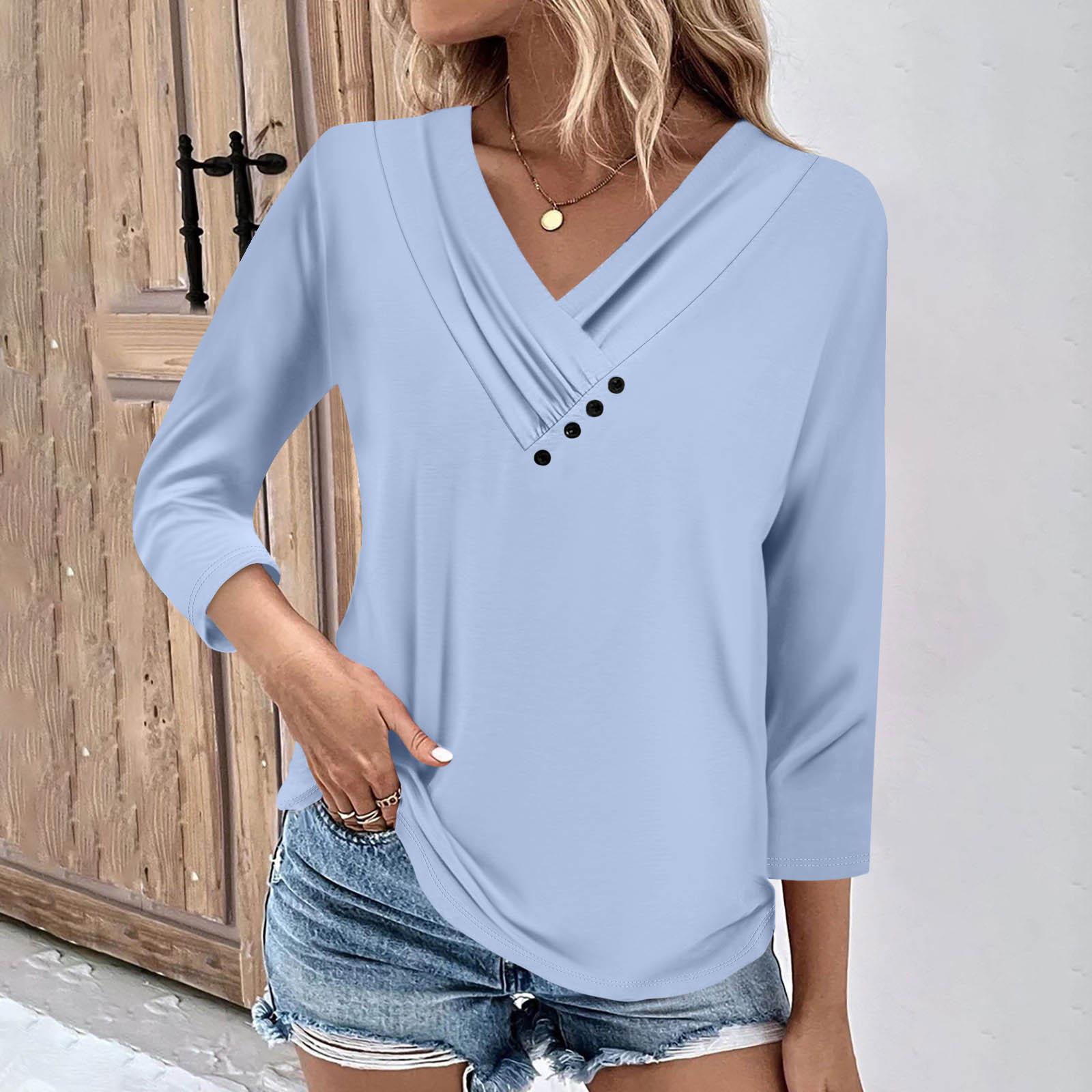 

Женские повседневные футболки с рукавом 3/4 для выходных с V-образным вырезом и принтом, свободные плиссированные футболки, женская блузка XL