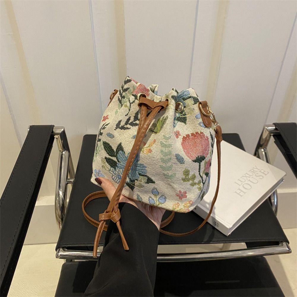Fashion Linen Fabric Bucket Bag Floral Ethnic Style Crossbody Bag Handbag Women