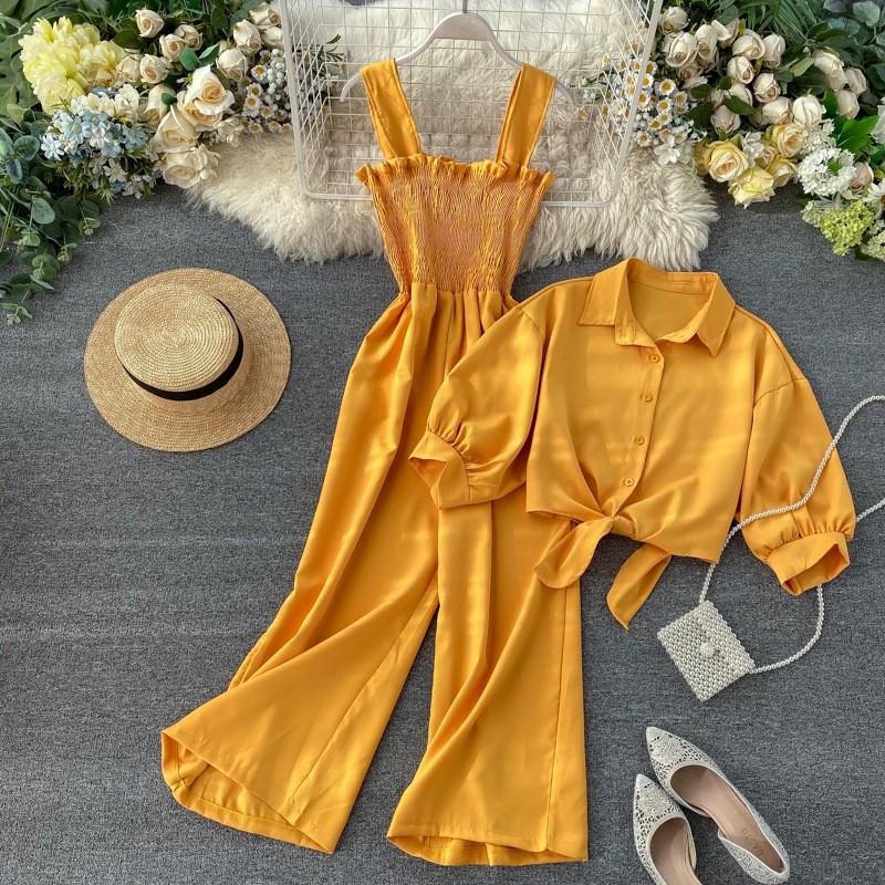 

Women s Suspender Wide Leg Jumpsuit+stand Up Collar Short Sleeved Cardigan Shirt Two-piece Set One Size винний