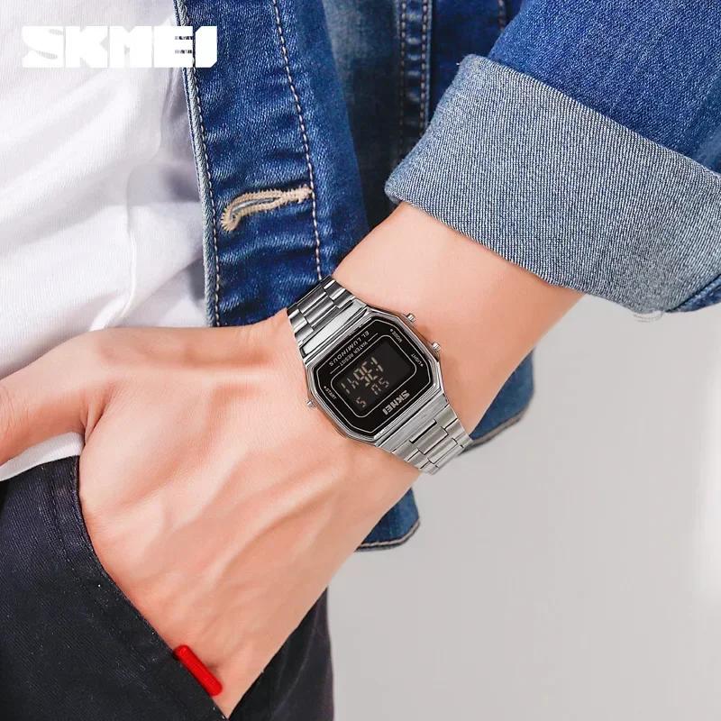 SKMEI 1647 Men Reloj Hombre Retro LED Digital Male Watches Casual Simple Mens Wristwatches Stainless Steel Band Waterproof Watch