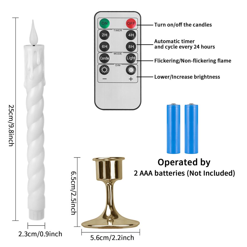 6Pcs White/Ivory Flameless Taper Candle Twisted LED Battery Operated Candlesticks With Holder for Wedding Home Party Table Decor