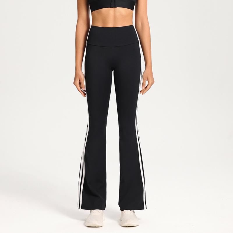 High Waist Flared Yoga Pants - Hip-Lifting, Elastic, Double Stripe Design