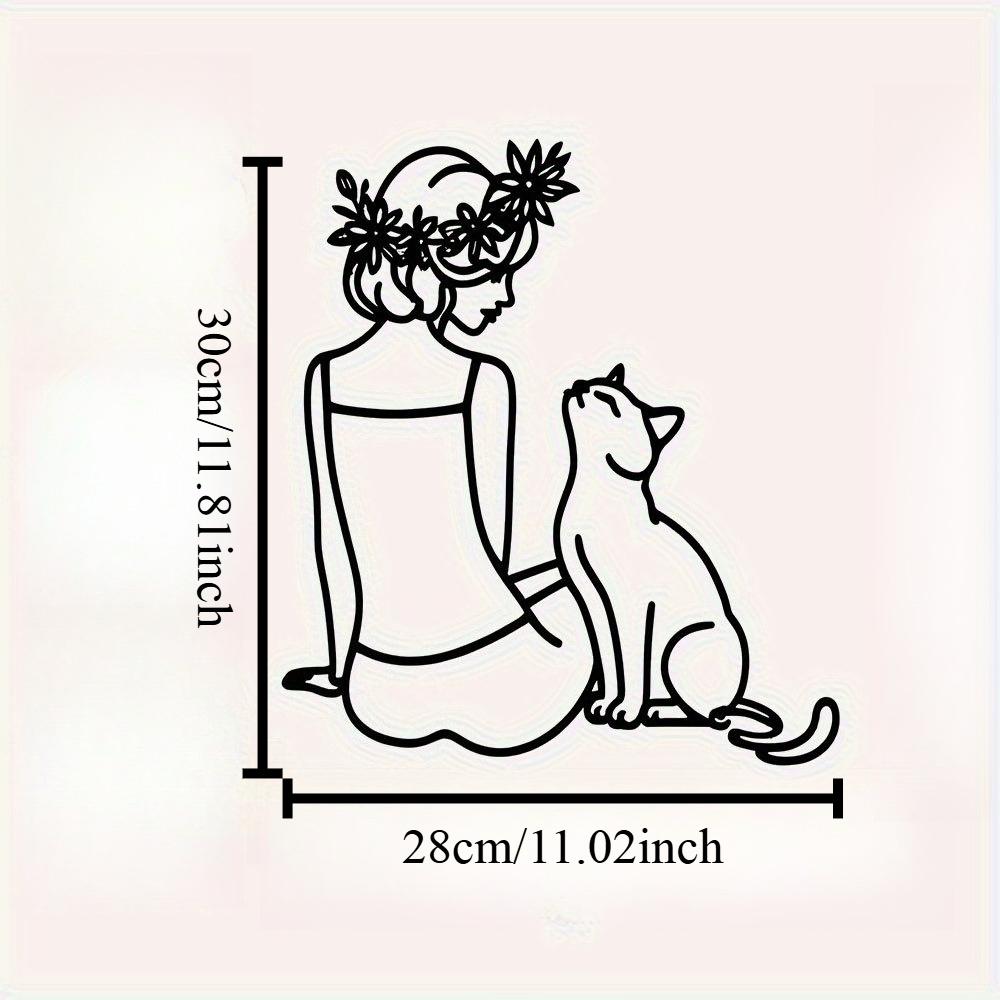 1pc Modern Metal Wall Art Woman with Cat Line Drawing Black White Iron Decor Living Room Bedroom Kitchen