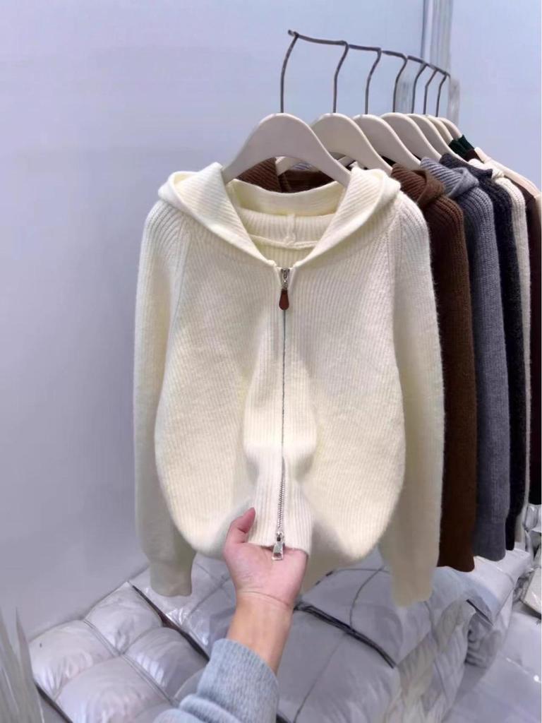 Women's Double Zipper Hooded Rib Knit Cardigan - Petite, Age-Reducing, Autumn/Winter 2025 Style