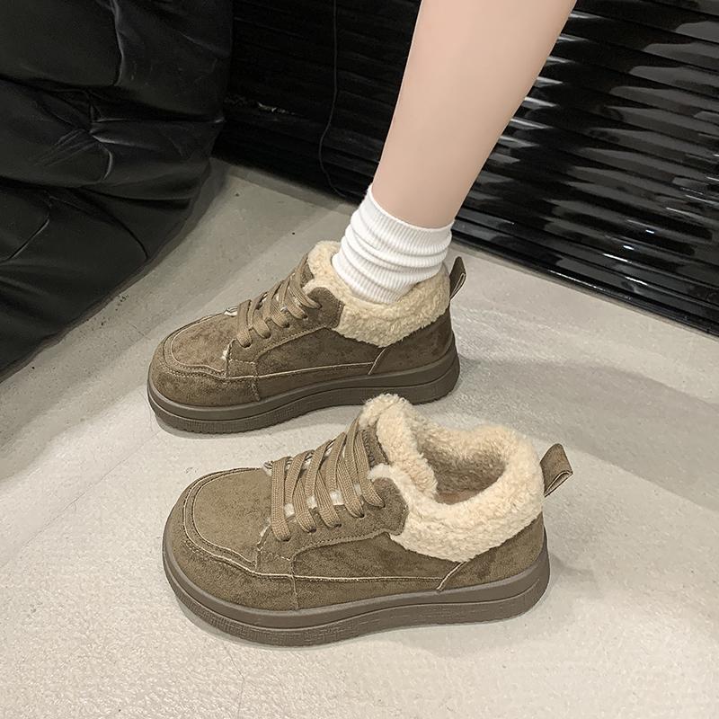 Women's Casual Sports Shoes Winter New Round Head Front Strap Thick Sole Anti-slip Wear-resistant Low-top Shoes