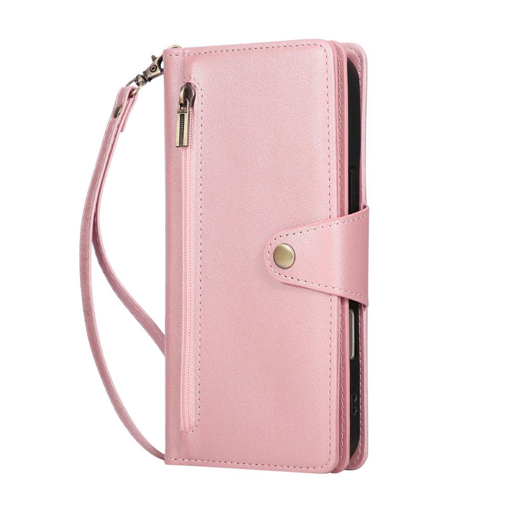 For iPhone 17 Pro Case Zipper Wallet Rivet Decor Leather Phone Cover with Wrist Strap