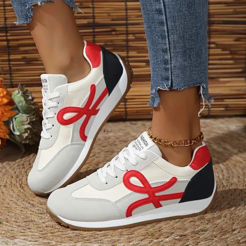 

Shoes Female 2026 Plus Size Women s Vulcanize Shoes Lace Up Women Sneakers Mixed Colors Round Toe Flat with Ladies Casual Shoes 36 красный