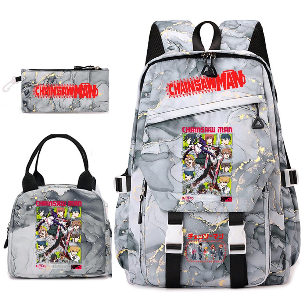 Chainsaw Man Anime Print Student Backpack Set for Girls with Lunch Bag Pencil Case School Daily Use